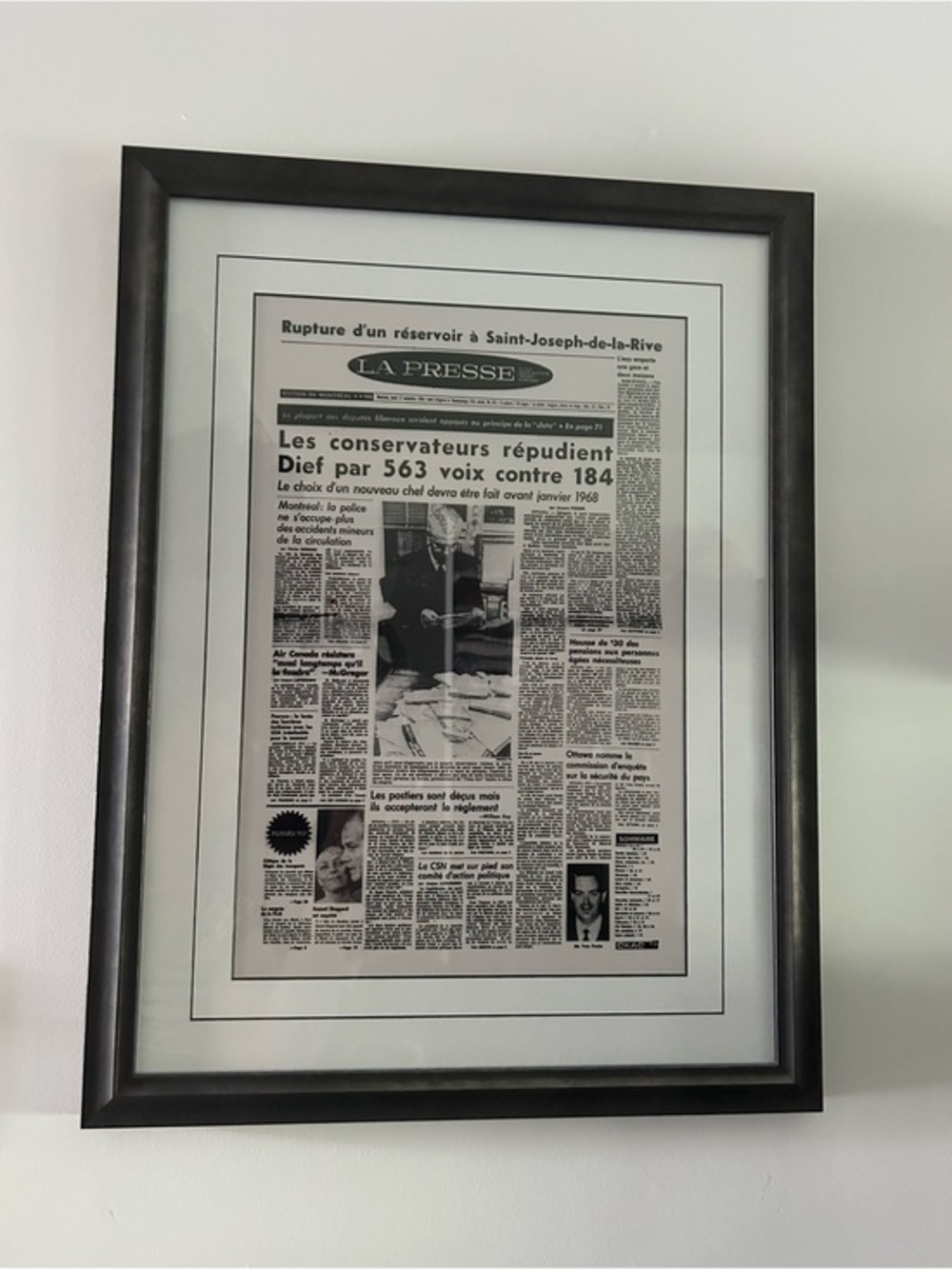 Front page of La Presse newspaper, dated Thursday, November 17, 1966, Framed